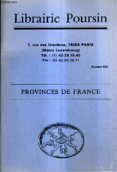CATALOGUE DE LA LIBRAIRIE POURSIN N500 PROVINCES DE FRANCE.