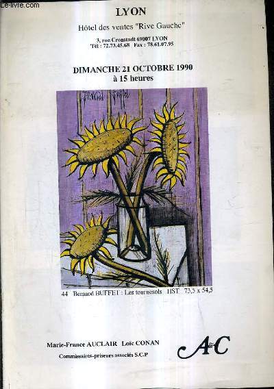 CATALOGUE DE VENTES AUX ENCHERES - TABLEAUX MODERNES - HOTEL DES VENTES RIVE GAUCHE LYON - 21 OCTOBRE 1990.