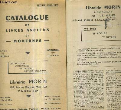 LOT DE 2 CATALOGUE DE LA LIBRAIRIE MORIN - ETE 1968 + HIVER 1968-1969 .