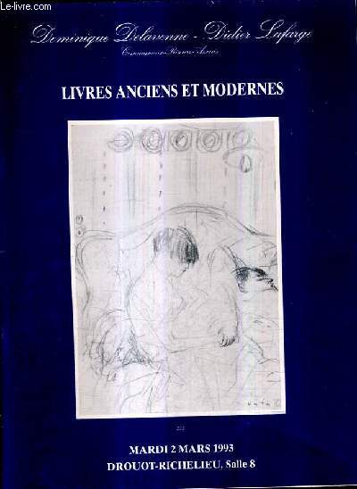 CATALOGUE DE VENTES AUX ENCHERES - LIVRES ANCIENS ET MODERNES - MARDI 2 MARS 1993 - DROUOT RICHELIEU SALLE 8.