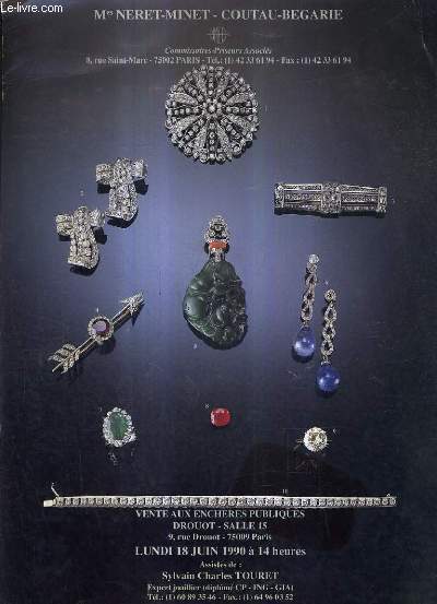 PLAQUETTE DEPLIANTE DE VENTES AUX ENCHERES - BEAUX BIJOUX ANCIENS ET MODERNES OBJETS DE VITRINE ARGENTERIE PIERRES PRECIEUSES SUR PAPIER BRACELETS MONTRE - DROUOT SALLE 15 - 18 JUIN 1990.