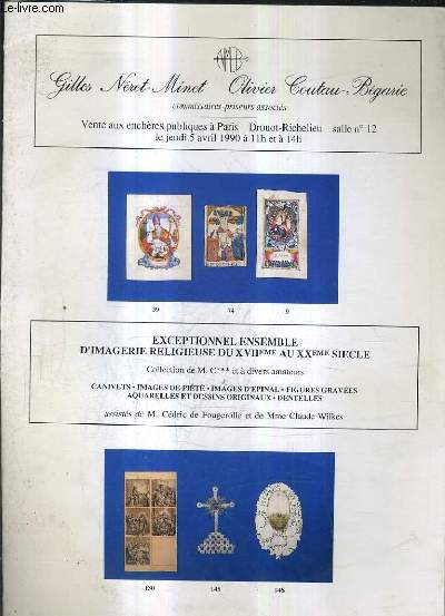 PLAQUETTE DEPLIANTE DE VENTES AUX ENCHERES - EXCEPTIONNEL ENSEMBLE D'IMAGERIE RELIGIEUSE DU XVIIE AU XXE SIECLE COLLECTION DE M.C **** - DROUOT RICHELIEU - 5 AVRIL 1990.