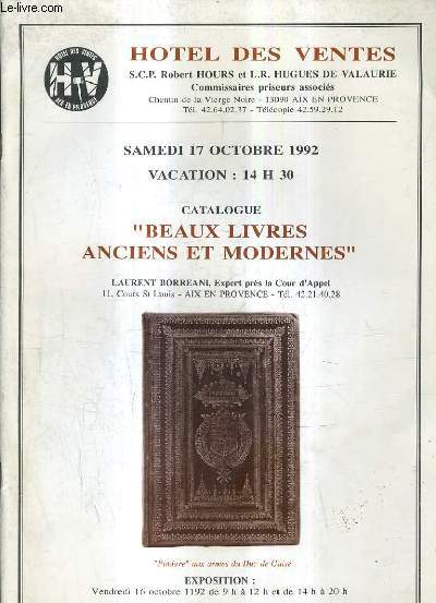 CATALOGUE DE VENTES AUX ENCHERES - BEAUX LIVRES ANCIENS ET MODERNES - 17 OCTOBRE 1993 - HOTEL DES VENTES AIX EN PROVINCE.