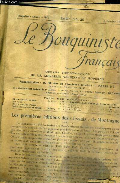 LE BOUQUINISTE FRANCAIS N°1 5E ANNEE - 5 JANVIER 1924 - LES PREMIERES EDITIONS DES ESSAIS DE MONTAIGNE.