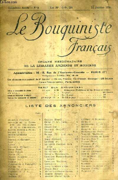 LE BOUQUINISTE FRANCAIS N2 5E ANNEE - 12 JANVIER 1924 - liste des annonciers - ouvrages d'occasion - demandes - G.Michelmore et cie.