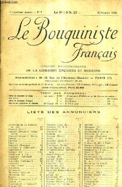 LE BOUQUINISTE FRANCAIS N7 5E ANNEE - 16 FEVRIER 1924 - liste des annonciers - ouvrages d'occasion - demandes .