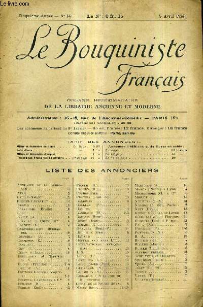 LE BOUQUINISTE FRANCAIS N14 5E ANNEE - 5 AVRIL 1924 - liste des annonciers - ouvrages d'occasion - demandes .