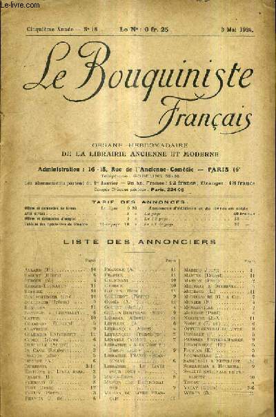 LE BOUQUINISTE FRANCAIS N18 5E ANNEE - 3 MAI 1924 - liste des annonciers - ouvrages d'occasion - demandes.