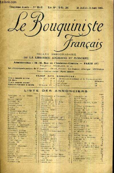 LE BOUQUINISTE FRANCAIS N30-31 5E ANNEE - 26 JUILLET - 2 AOUT 1924 - liste des annonciers - ouvrages d'occasion offres - demandes.