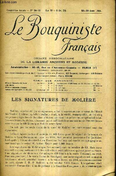 LE BOUQUINISTE FRANCAIS N34-35 5E ANNEE - 23-30 AOUT 1924 - les signatures de molire - ouvrages d'occasion offres - demandes .