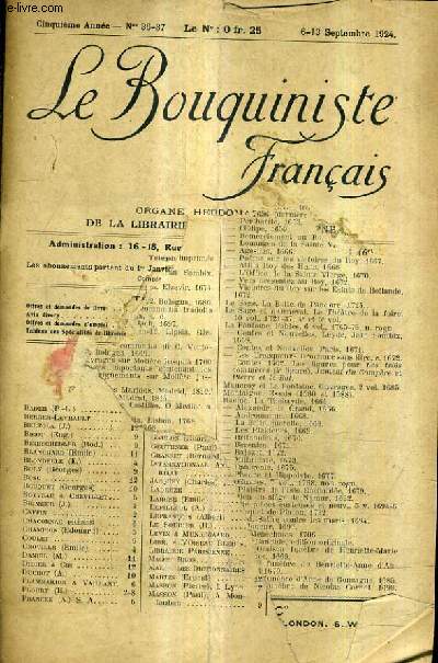 LE BOUQUINISTE FRANCAIS N36-37 5E ANNEE - 6-13 SEPTEMBRE 1924 .