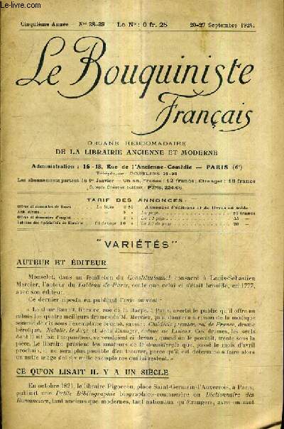 LE BOUQUINISTE FRANCAIS N38-39 5E ANNEE - 20-27 SEPTEMBRE 1924 - auteur et diteur - ce qu'on lisait il y a un sicle - liste des annonciers - ouvrages d'occasion offres demandes.