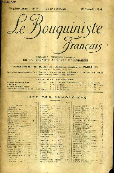 LE BOUQUINISTE FRANCAIS N48 5E ANNEE - 29 NOVEMBRE 1924 - liste des annonciers - ouvrages d'occasion offres demandes .