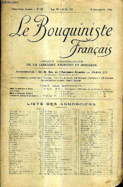 LE BOUQUINISTE FRANCAIS N49 5E ANNEE - 6 DECEMBRE 1924 -  liste des annonciers - ouvrages d'occasion offres demandes .