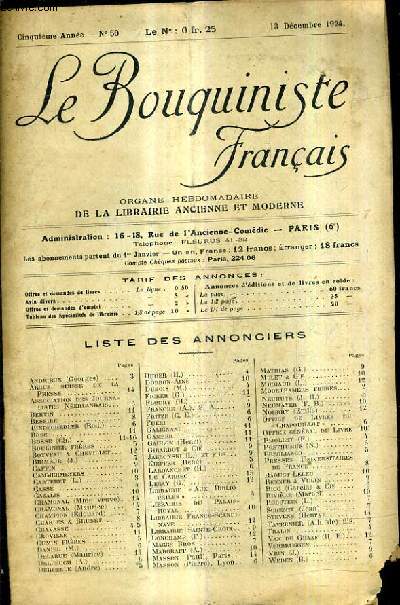 LE BOUQUINISTE FRANCAIS N50 5E ANNEE - 13 DECEMBRE 1924 - liste des annonciers - ouvrages d'occasion offres demandes .