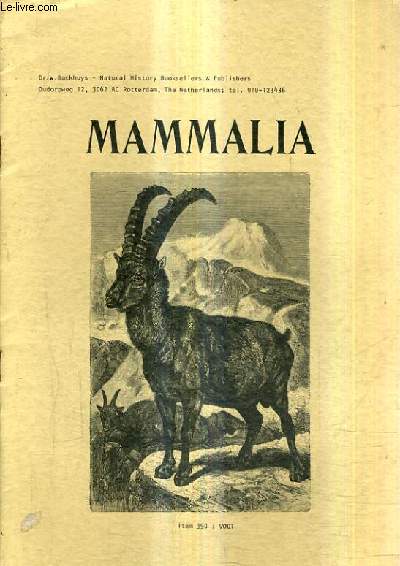 CATALOGUE EN ANGLAIS : MAMMALIA - DR.W. BACKHUYS NATURAL HISTORY BOOKSELLERS & PUBLISHERS.