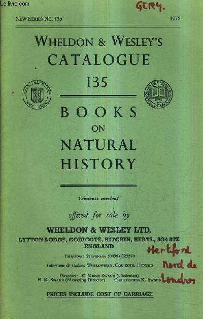 WHELDON & WESLEY'S CATALOGUE N135 DE 1976 - BOOKS ON NATURAL HISTORY.