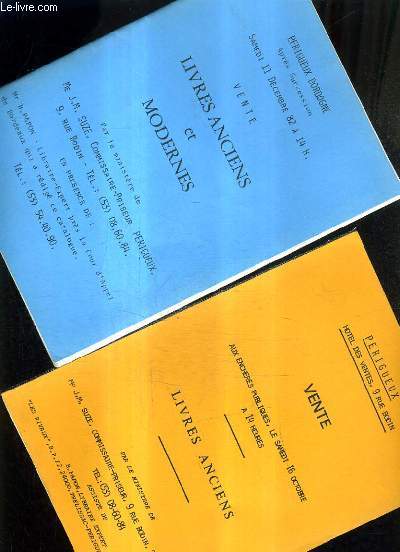 LOT DE 2 CATALOGUES DE VENTES AUX ENCHERES - LIVRES ANCIENS ET MODERNES - 16 OCTOBRE A 14 HEURES + 11 DECEMBRE 1982 A 14H - PERIGUEUX.