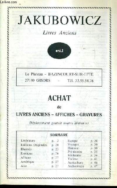 CATALOGUE DE LA LIBRAIRIE JAKUBOWICZ LIVRES ANCIENS - ACHAT DE LIVRES ANCIENS AFFICHES GRAVURES.