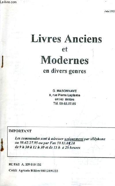 CATALOGUE JUIN 1993 DE LA LIBRAIRIE G.MAISONNAVE - LIVRES ANCIENS ET MODERNES EN DIVERS GENRES.