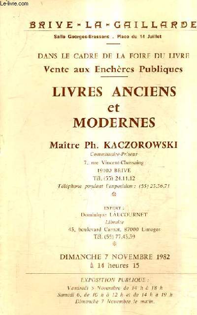 CATALOGUE DE VENTES AUX ENCHERES - LIVRES ANCIENS ET MODERNES - BRIVE LA GAILLARDE - 7 NOVEMBRE 1982.