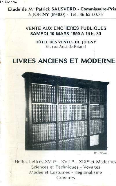 CATALOGUE DE VENTES AUX ENCHERES - LIVRES ANCIENS ET MODERNES - 10 MARS 1990 HOTEL DES VENTES DE JOIGNY.