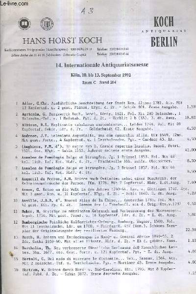 CATALOGUE EN ALLEMAND : HANS HORST KOCH - 14. INTERNATIONALE ANTIQUARIATSMESSE KOLN 10. BIS 13. SEPTEMBER 1992.