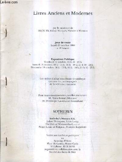 CATALOGUE DE VENTES AUX ENCHERES - LIVRES ANCIENS ET MODERNES - 20 OCTOBRE 1986 - MONACO.