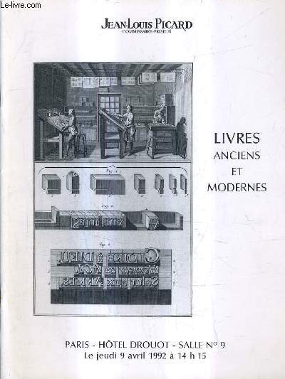 CATALOGUE DE VENTES AUX ENCHERES - LIVRES ANCIENS ET MODERNES - PARIS HOTEL DROUOT SALLE 9 - 9 AVRIL 1992.