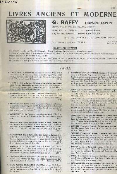 CATALOGUE DE LA LIBRAIRIE G.RAFFY - LIVRES ANCIENS ET MODERNES - ETE 1984.