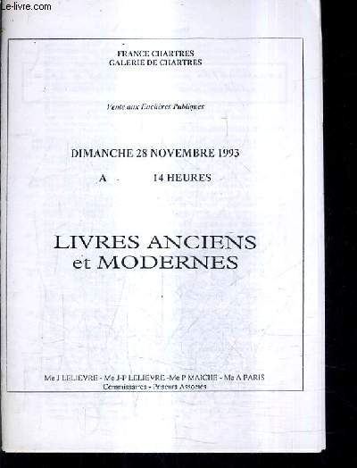FASCICULE DE VENTES AUX ENCHERES - LIVRES ANCIENS ET MODERNES - 28 NOVEMBRE 1993 - GALERIE DE CHARTES.