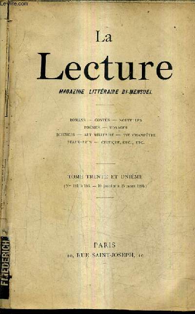 LA LECTURE MAGAZINE LITTERAIRE BI MENSUEL - TOME 31 - N181 A 186 - 10 JANVIER A 25 MARS 1895.