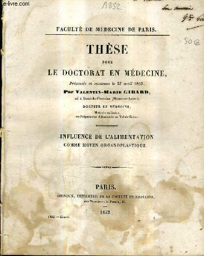 THESE POUR LE DOCTORAT EN MEDECINE - INFLUENCE DE L'ALIMENTATION COMME MOYEN ORGANOPLASTIQUE.