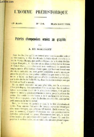 L'HOMME PREHISTORIQUE 13E ANNEE N3-4 MARS AVRIL 1926 - Poteries champenoises orne au graphite par A. De Mortillet .