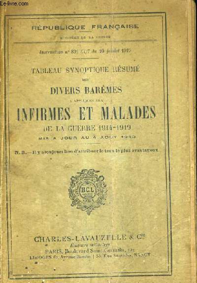 TABLEAU SYNOPTIQUE RESUME DES DIVERS BAREMES A APPLIQUER AUX INFIRMES ET MALADES DE LA GUERRE 1914-1919 MIS A JOUR AU 4 AOUT 1930 - INSTRUCTION N831 CI/7 DU 10 JUILLET 1919 / REPUBLIQUE FRANCAISE.