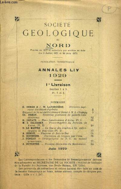 SOCIETE GEOLOGIQUE DU NORD - ANNALES LIV 1929 - 1ER LIVRAISON.