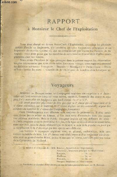 RAPPORT A MONSIEUR LE CHEF DE L'EXPLOITATION - voyageurs - voiture directe de londres a liverpool - bagages - messageries parcels - petite vitesse - liverpool gare de triage d'edge hill - service des docks - chemin de fer lctrique souterrain de londres.