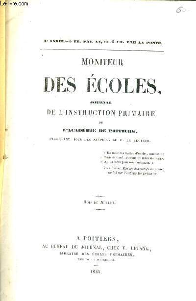 MONITEUR DES ECOLES JOURNAL DE L'INSTRUCTION PRIMAIRE DE L'ACADEMIE DE POITIERS / 3E ANNEE - MOIS DE JUILLET.