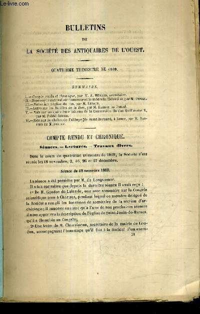 BULLETINS DE LA SOCIETE DES ANTIQUAIRES DE L'OUEST - 4E TRIMESTRE DE 1869 - notes sur la naturaliste reaumur et le mdecin helvtius - notice sur l'glise du pin - lettre sur les fouilles de la doie etc.