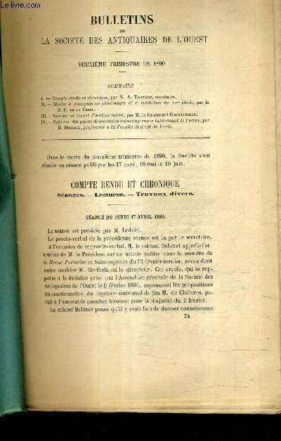 BULLETINS DE LA SOCIETE DES ANTIQUAIRES DE L'OUEST - 2E TRIMESTRE DE 1890 - moules  enseignes de plerinages et  mdailles du XIVe sicle - note suyr un cachet d'ocultite indit - note sur des pices de monnaies mrovingiennes intressant le poitou .