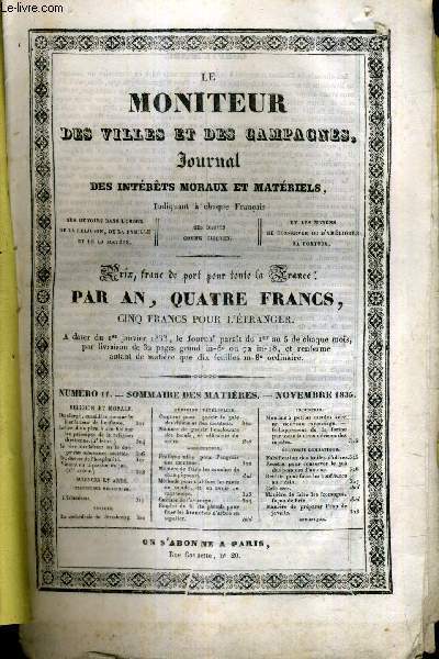 LE MONITEUR DES VILLES ET DES CAMPAGNES JOURNAL DES INTERETS MORAUX ET MATERIELS N11 NOVEMBRE 1835 - religion et morale - lettre d'un pre  son fils sur les principes de la religion chrtienne - du devoir de l'hospitalit ETC.