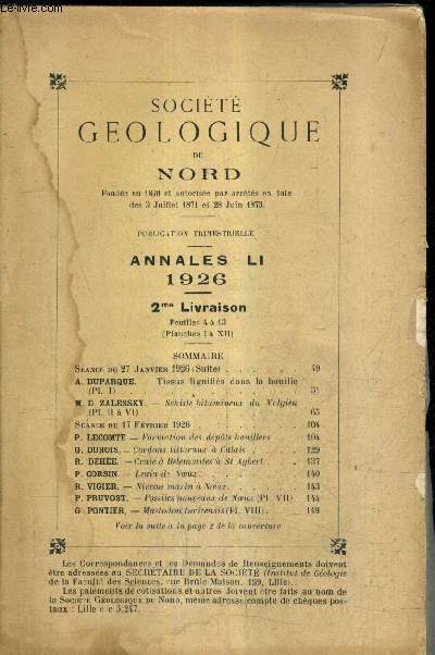 SOCIETE GEOLOGIQUE DU NORD - ANNALES LI 1926 - 2ME LIVRAISON .