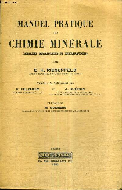 MANUEL PRATIQUE DE CHIMIE MINERALE (ANALYSE QUALITATIVE ET PREPARATIONS).