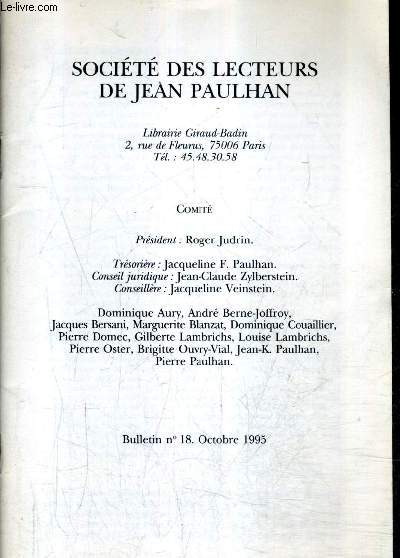 SOCIETE DES LECTEURS DE JEAN PAULHAN LIBRAIRIE GIRAUD BADIN - BULLETIN N18 OCTOBRE 1995.