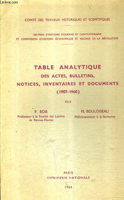 TABLE ANALYTIQUE DES ACTES BULLETINS NOTICES INVENTAIRES ET DOCUMENTS 1907-1960.