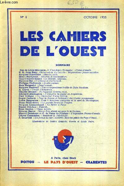 LES CAHIERS DE L'OUEST N8 OCTOBRE 1955 - l'abbesse de fontevrault - une correspondance indite de jules sandeau - tu t'appelles enlerta rcit - le chancelier pierre doriole - balande - les grandes heures de touffou etc.