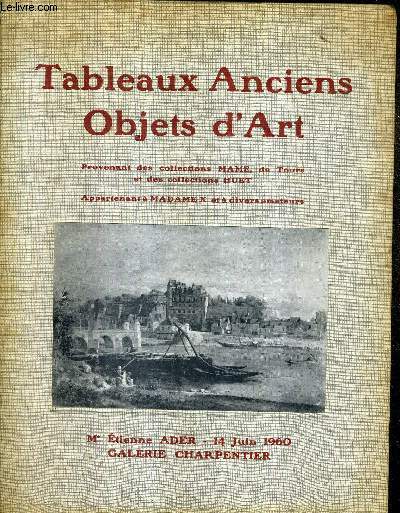 CATALOGUE DE VENTES AUX ENCHERES - TABLEAUX ANCIENS ET MODERNES OBJETS D'ART ET DE BEL AMEUBLEMENT PORCELAINES BRONZES SIEGES ET MEUBLES PROVENANT DES COLLECTIONS MAME DE TOURS DES COLLECTIONS HUET APPARTENANT A MADAME X - GALERIE CHARPENTIER - JUIN 1960.