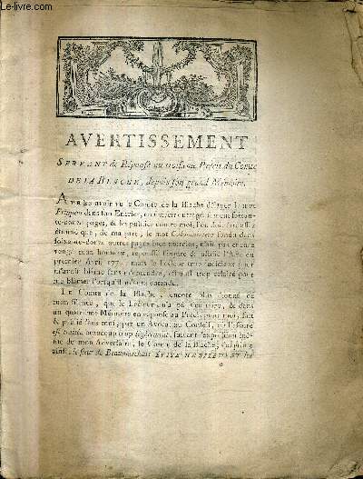 AVERTISSEMENT SERVANT DE REPONSE AU TROISIEME PRECIS DU COMTE DE LA BLACHE DEPUIS SON GRAND MEMOIRE.