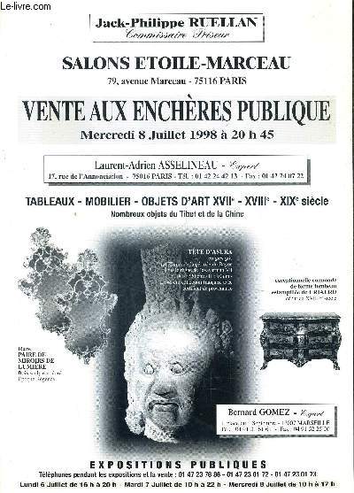 PLAQUETTE DEPLIANTE DE VENTES AUX ENCHERES - TABLEAUX MOBILIER OBJETS D'ART XVIIE XVIIIE XIXE SIECLE NOMBREUX OBJETS DU TIBET ET DE LA CHINE - SALONS ETOILE MARCEAU - 8 JUILLET 1998.