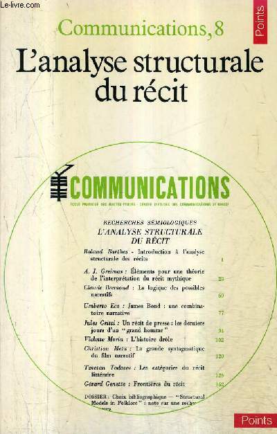 COMMUNICATIONS N 8 - L'ANALYSE STRUCTURALE DU RECIT / COLLECTIONS POINTS LITTERATURE N129.